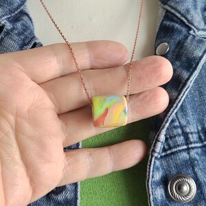 Artisan Pastel Neon Polymer Clay Necklace, Multicolor Marbled Bead, Copper Chain image 4