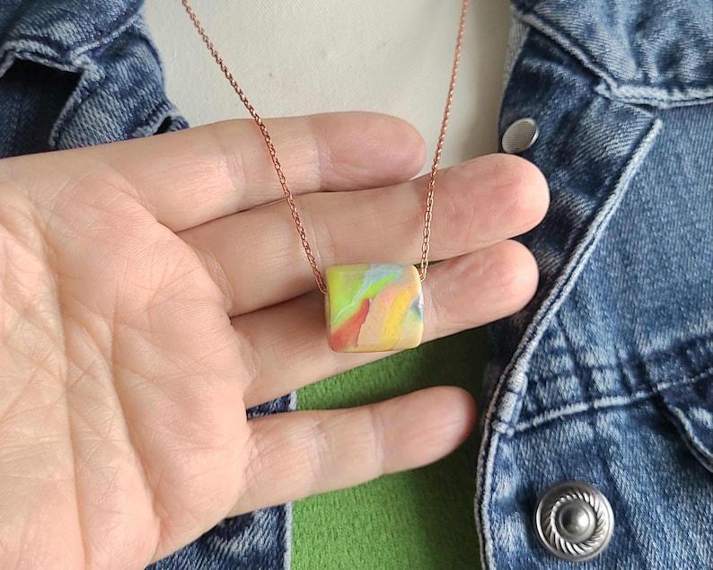 Artisan Pastel Neon Polymer Clay Necklace, Multicolor Marbled Bead, Copper Chain image 4