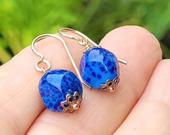 Deep cobalt blue upcycled speckle glass drop dangle bronze handmade earrings