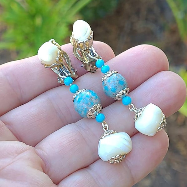 Hubbell glass, pearly shell vintage turquoise Gold tone drop clip-on earrings.