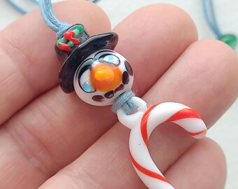 Oaak handmade whimsical lampwork glass snowman and vintage glass candy cane necklace, Christmas.