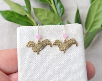Dachshund dog charm on 1/20 14K gold filled earrings, pink quartz accent.