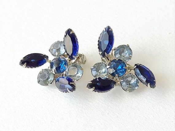 Vintage blue mix rhinestone swedged silvertone clip earrings, marquise, and round, unbranded View 4