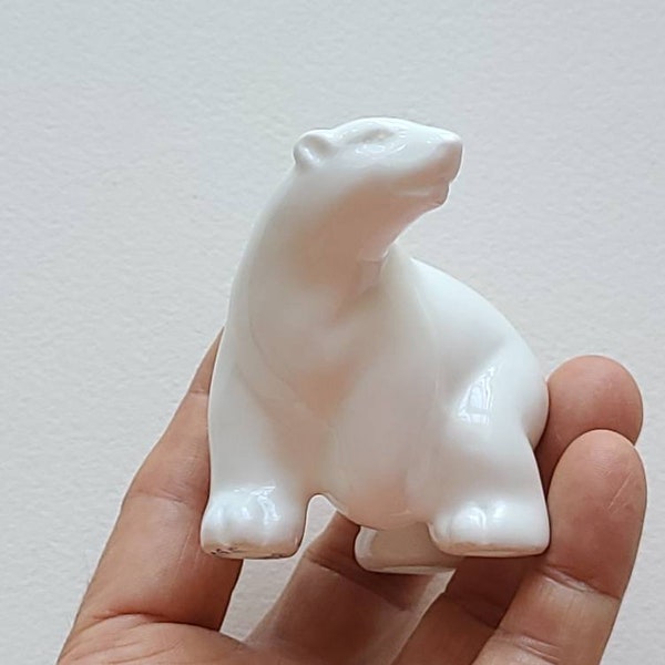 Vintage 1980s white ceramic polar bear ornament, white porcelain bear decor white pottery polor bear