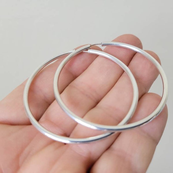 Vintage 55mm large circle hoop earrings, pierced, solid sterling silver hollow tube, marked .925.