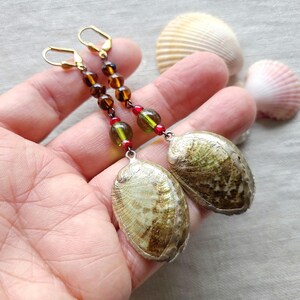 Handmade Czech Glass Shell Dangle Earrings, Vintage Brass Lever Backs, Iridescent Brown Green Red