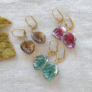 Murano (NOS) leaf shaped lampwork glass upcycled handmade earrings, cranberry or honey on brass leverback or GF earwires.