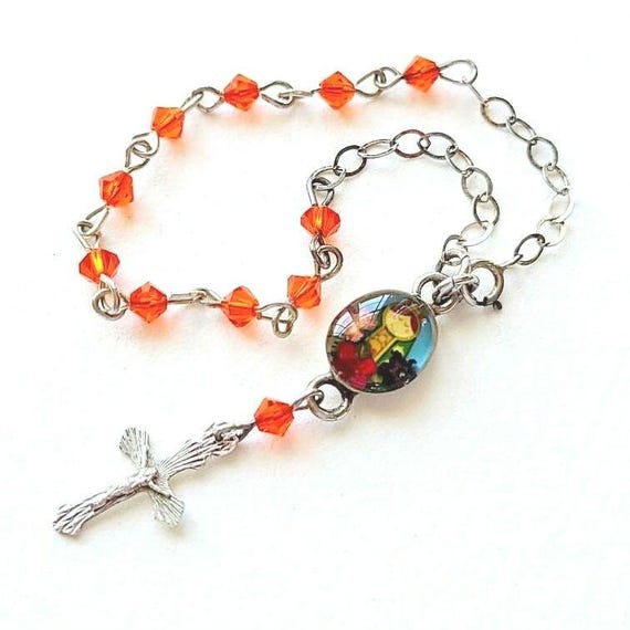 Vintage Rosary Bracelet Orange Crystal and Sterling Chain 925 Cross Our Lady of Guadalupe Flowers Resin Charm. Etsy