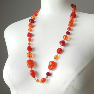 Upcycled vintage orange mix art glass and lucite bead bronze handmade link continuous necklace, orangeade spring summer