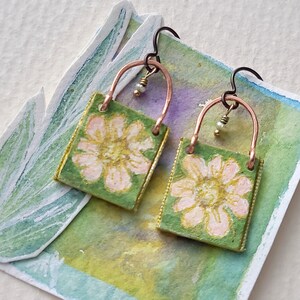 Painted pink flower copper arch earrings, velvet back, premium niobium earwires, in upcycled playing card handmade gift box