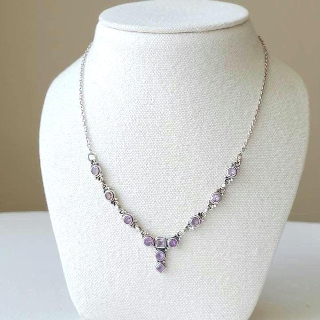 Vintage Amethyst Y Necklace, Sterling Links and Chain, Bezel