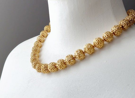 Signed vintage Monet fillagree gold bead choker n… - image 5