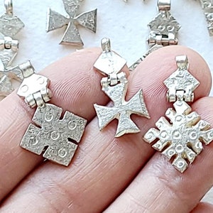 Vintage 1 Ethiopian style tradebead hinged tiny cross pendant, brass white metal cross pendant, small 1&quot;
