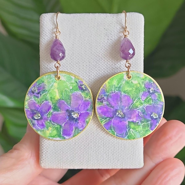 Hand-Painted Paper Earrings, Purple Flowers, Amethyst Gemstones, 14K Gold-Filled,  2 Sided