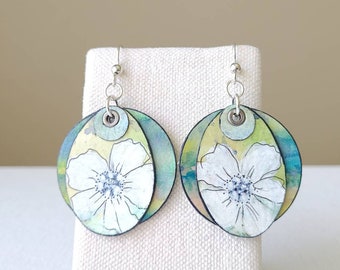 Painted watercolor floral abstract dangle earrings, argentium silver earwires, white flower oval, circle abstract, two sided, lightweight