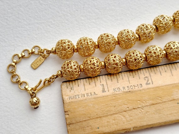 Signed vintage Monet fillagree gold bead choker n… - image 10