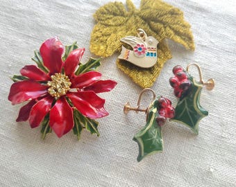 Vintage choice Christmas jewelry signed (ART) poinsettia pin, retro ceramic Holly earrings, enamel dove charm.
