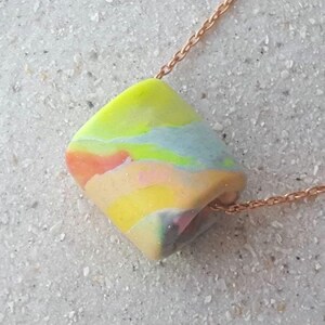 Artisan Pastel Neon Polymer Clay Necklace, Multicolor Marbled Bead, Copper Chain image 14