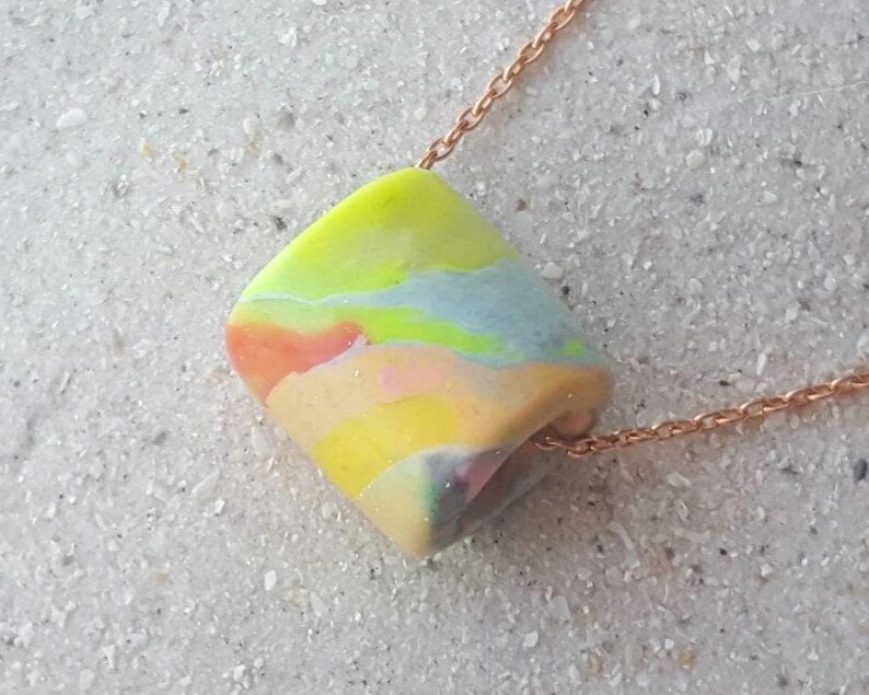 Artisan Pastel Neon Polymer Clay Necklace, Multicolor Marbled Bead, Copper Chain image 14