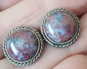 Vintage earthy lavender rose jasper sterling earrings, screwback earrings round button gemstone earrings.