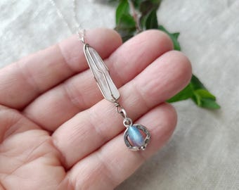 Long crystal silver wire wrapped pendant necklace, clear quartz crystal, labradorite, and sterling, 18".