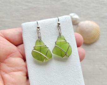 Etched Green Glass Sterling Silver Wire Wrapped Earrings, Sage Avocado Hue