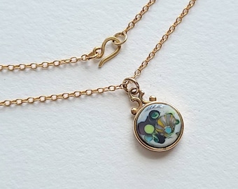 Modern abstract design lampwork art glass pendant 18" brass necklace, handmade one of a kind.