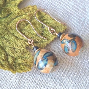 Glazed pottery bead earrings, on handmade 1/20 14k Rose Gold-filled earwires, brown, teal, and black, autumn