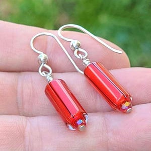 Red art glass bead earrings, on premium argentium silver earwires, upcycled vintage pulled cane and czech glass beads.