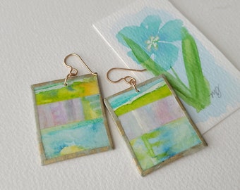 Abstract hand painted watercolor paper collage dangle bronze earrings, bright colorful OOAK handmade.