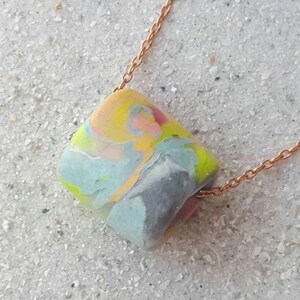Artisan Pastel Neon Polymer Clay Necklace, Multicolor Marbled Bead, Copper Chain image 15