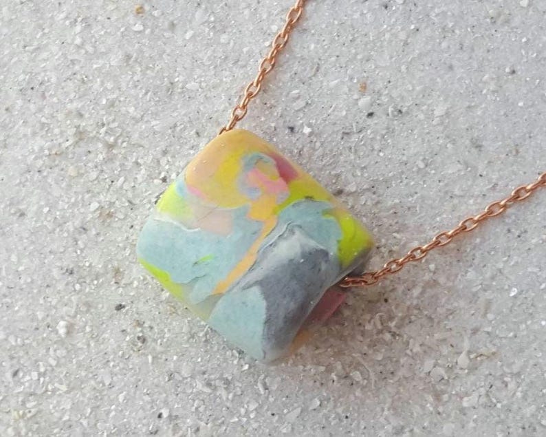 Artisan Pastel Neon Polymer Clay Necklace, Multicolor Marbled Bead, Copper Chain image 15