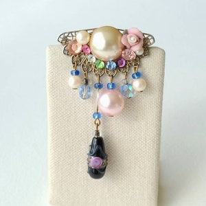 Vintage filigree czech bead dangle brooch, multicolor assemblage, Rococo, Romantic revival