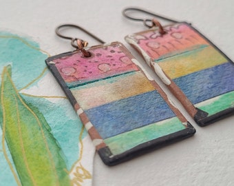 Abstract painted watercolor paper collage statment earrings, multicolor rectangle, antiqued copper color niobium hypoallergenic earwires