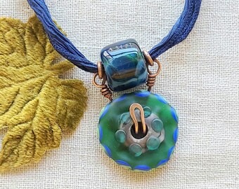 Artisan Chunky Lampwork Glass Pendant Necklace, Copper Wire Wrapped, Blue Silk Cord