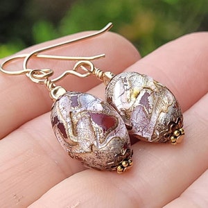 Pale pink gold pearly venetian foil glass drop bead dangle handmade earrings, antique pink glass.