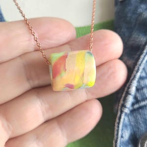 Artisan Pastel Neon Polymer Clay Necklace, Multicolor Marbled Bead, Copper Chain image 5