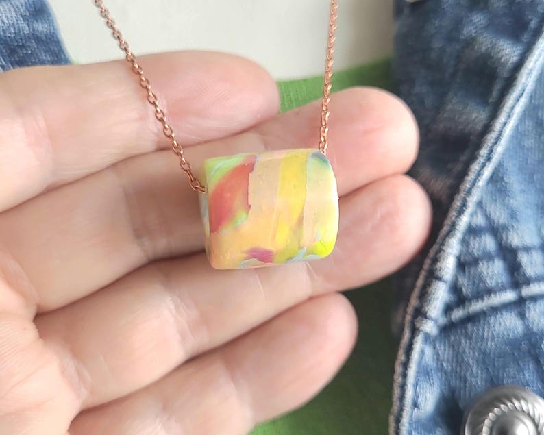 Artisan Pastel Neon Polymer Clay Necklace, Multicolor Marbled Bead, Copper Chain image 5