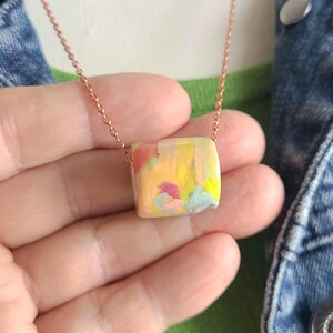 Artisan Pastel Neon Polymer Clay Necklace, Multicolor Marbled Bead, Copper Chain image 7