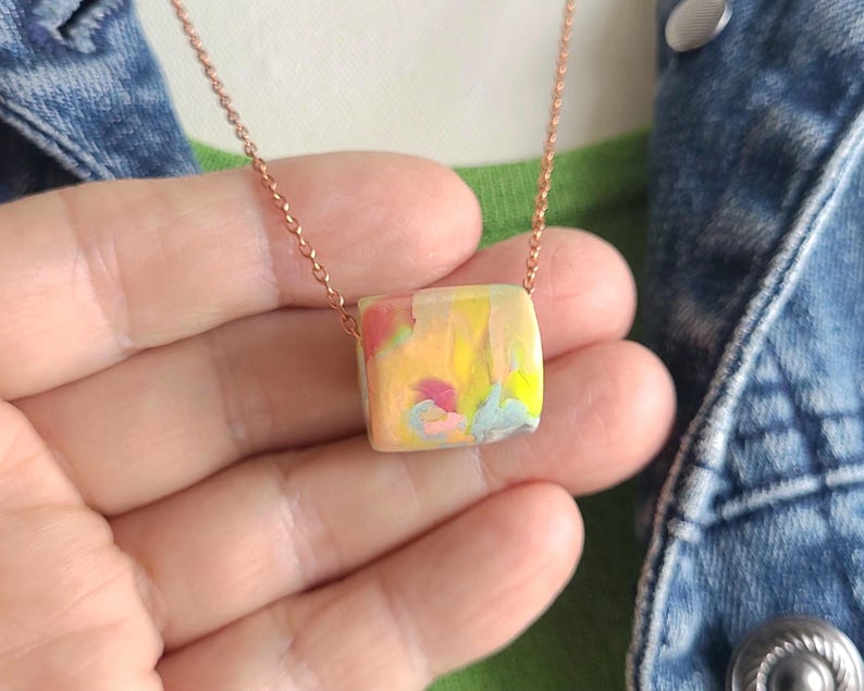 Artisan Pastel Neon Polymer Clay Necklace, Multicolor Marbled Bead, Copper Chain image 7