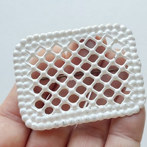 Country white enameled metal lattice brooch,  2-1/4&quot; x 1-3/4&quot;, open design, heavyweight, mid-century.