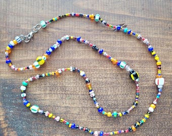 Vintage Multicolor and Striped Seed Bead Necklace With New