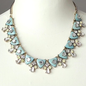 Vintage acrylic and ornate rhinestone linked antiqued brass tone necklace, 18" to 21", Robbins egg blue, Romantic revival