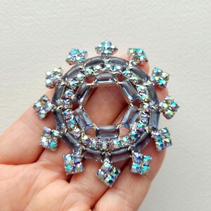 Large Sapphire blue molded glass brooch, Aurora Borealis rhinestones, silvertone, mid century.