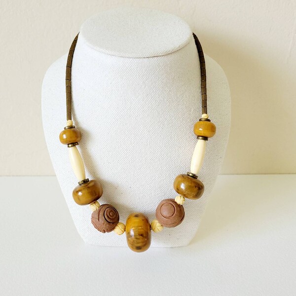 Les Bernard vintage signed chunky bead vintage necklace, acrylic, bone and brass, 16", signed, brown beige