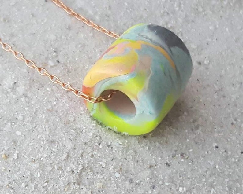 Artisan Pastel Neon Polymer Clay Necklace, Multicolor Marbled Bead, Copper Chain image 16