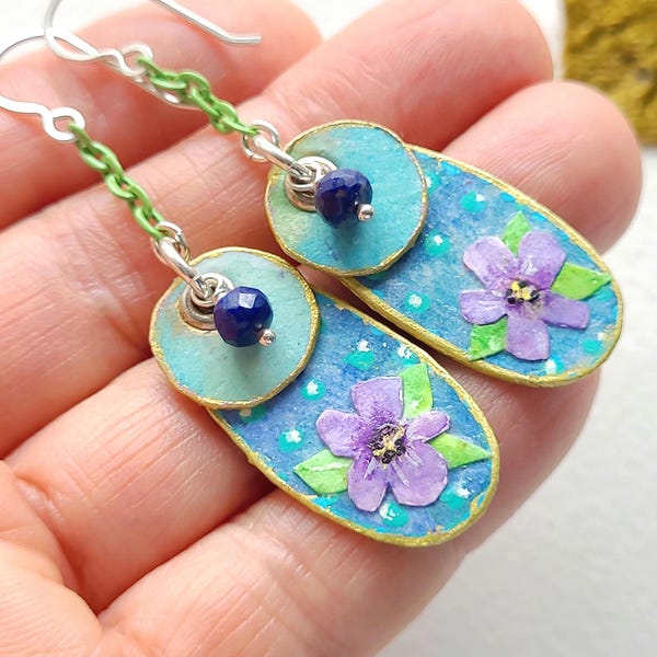Handmade Painted Paper Collage Earrings, Lapis Lazuli Gemstones, Purple Flowers, Sterling Silver, Two-Sided