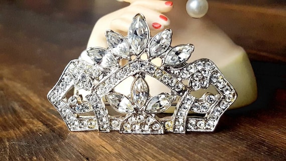 1980s Art Deco Revival Large Rhinestone Crown sha… - image 3