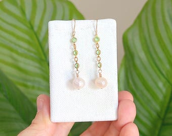 Uranium Glass Pearl Dangle Earrings, 14K Gold-Filled Earwires, Vintage Czech Chain