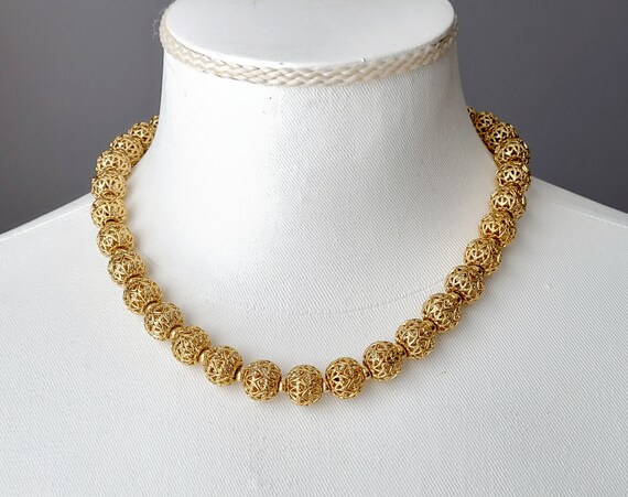 Signed vintage Monet fillagree gold bead choker n… - image 4